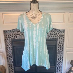 BLEU tie dyed crocheted back asymmetric top, size medium, EUC